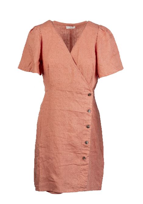 Des Petits Hauts 100% Linen Short Sleeve Dress with Side Closure and Contrast Buttons, V-Neck, Paprika Color Des Petits Hauts |  | 053506079