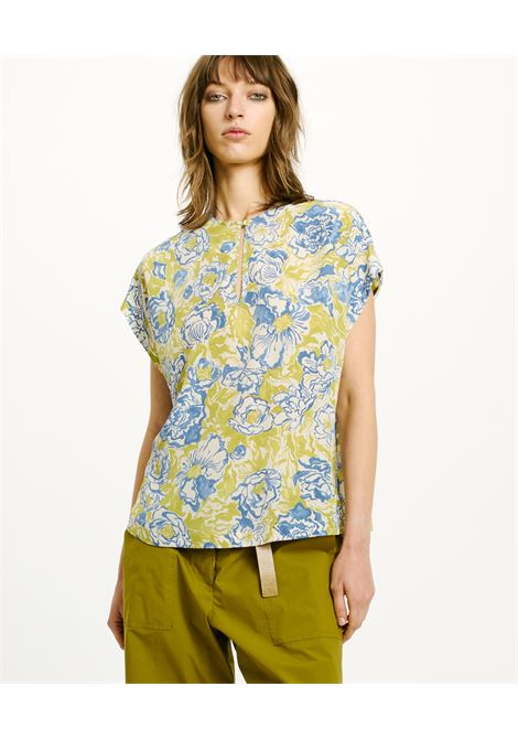 Blusa Cayenne in Crepe de Chine Stampato - Verde/Blu MOMONI | Bluse | MOBL0077609