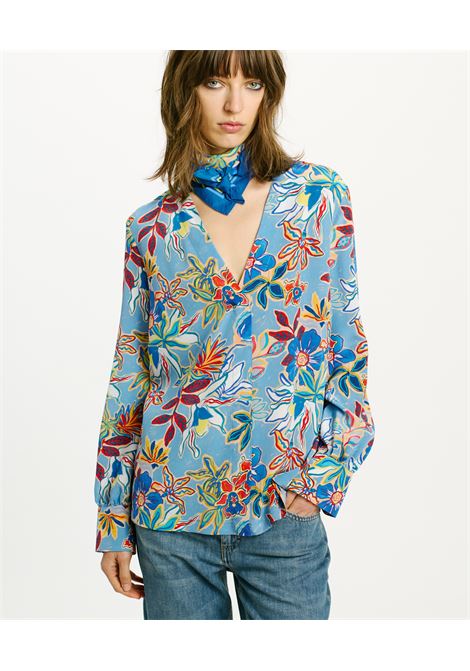 Blusa Aima in Crepe de Chine Stampata - Azzurro Multicolor MOMONI | Bluse | MOBL0088016